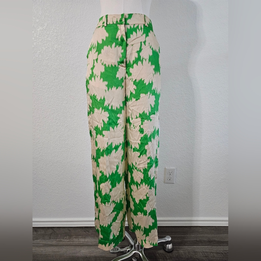 Topshop Satin Wide Leg Pants - Printed Cream and Green